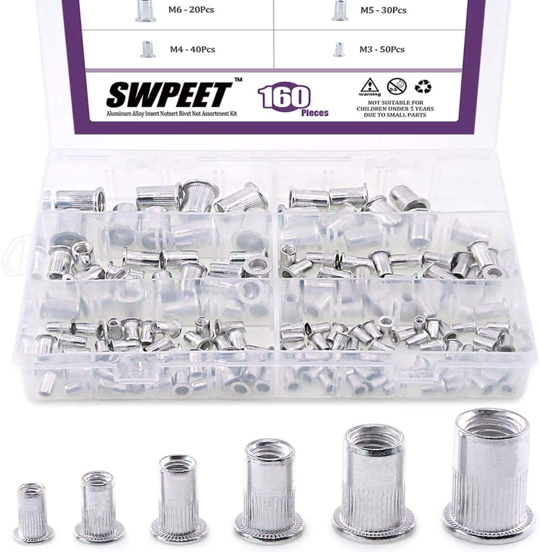 Swpeet 160Pcs Aluminum Alloy Flat Head Rivet Nut Kit, Including Assorted M3 M4 M5 M6 M8 M10 Aluminum Treaded Insert Nutsert Perfect for Providing High Strength Load Bearing Threads