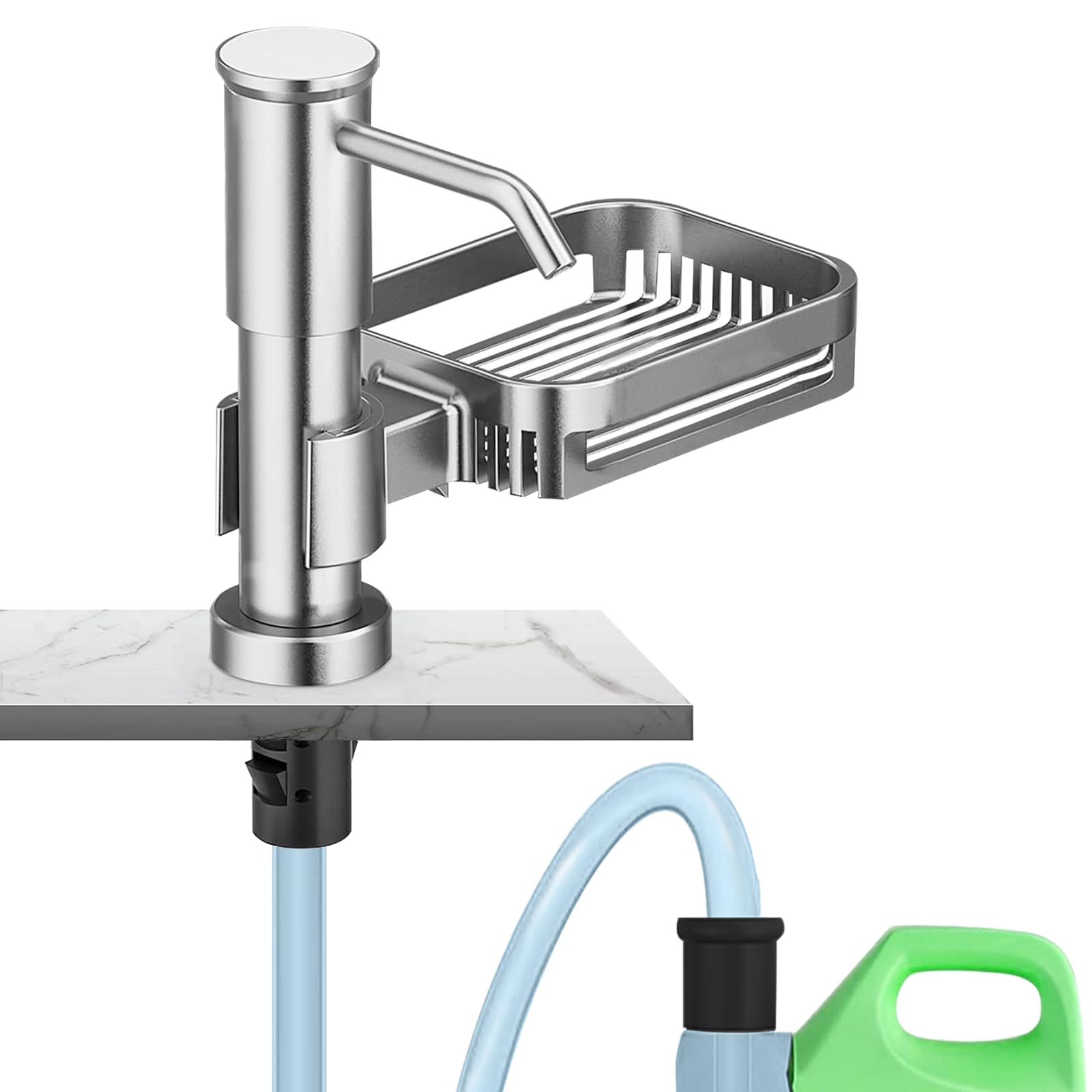 dispensador jabon Cocina，dispensador de Jabón de Cocina Bajo Encimera, Cabezal de Bomba Giratorio de 360° con Cesta de Drenaje de Esponja y Manguera de Silicona de un Metro de Largo