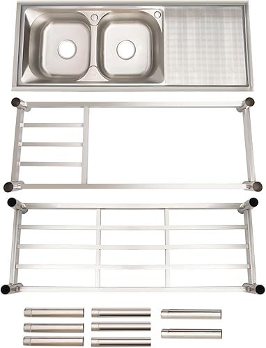 Miniatura 5 de Fregadero de acero inoxidable de doble tazón, juego de fregadero de cocina de restaurante comercial con grifo y escurridor, lavabo de mano con banco