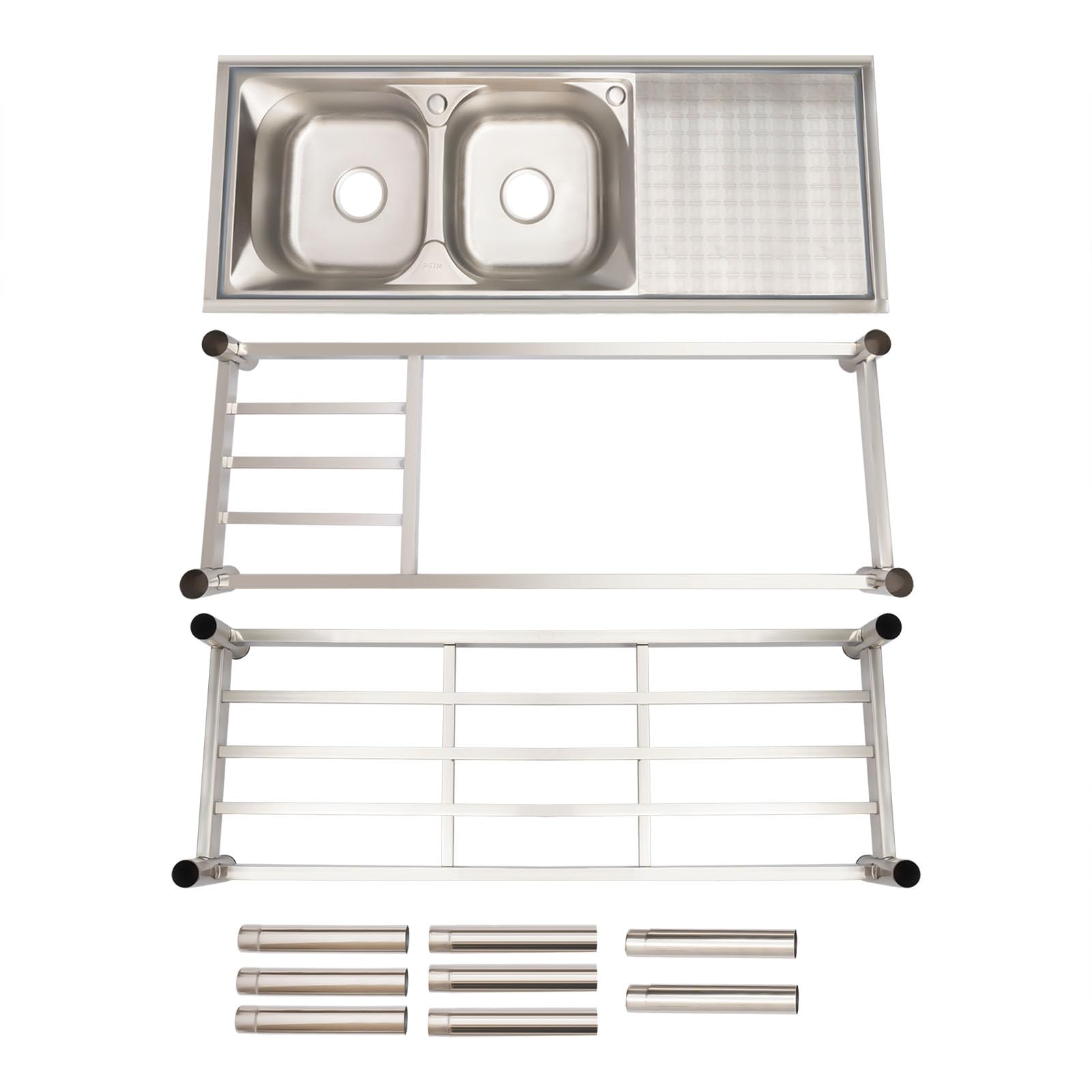 Lavandino in Acciaio Inox Professionale 2 Vasca,Lavelli da Cucina in Acciaio Inox autoportante con Rubinetto e Banco Da Lavoro Lavabo Commerciale con Rubinetto Per Interni Esterni