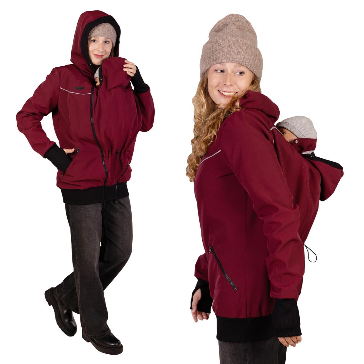 Viva la Mama - 4in1 Allwetter Tragejacke für Vorn- und Rückentragen Umstandsjacke Softshell - AVENTURIS - Burgunder - L