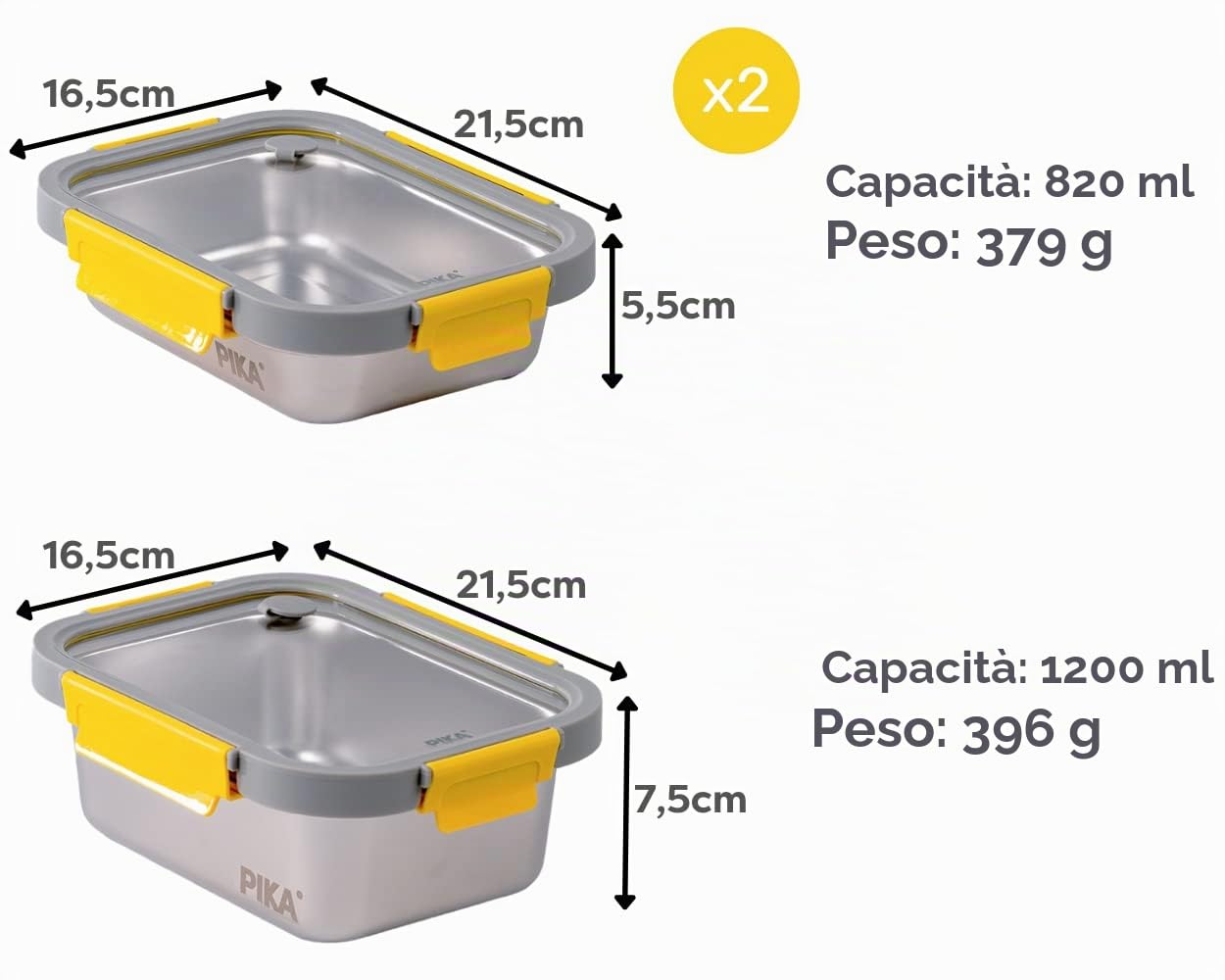 PIKA - Set di 3 contenitori per alimenti in acciaio inox e coperchio in vetro temperato - Ermetico e leggero - Compatibile con microonde, forno, congelatore - MetalShock