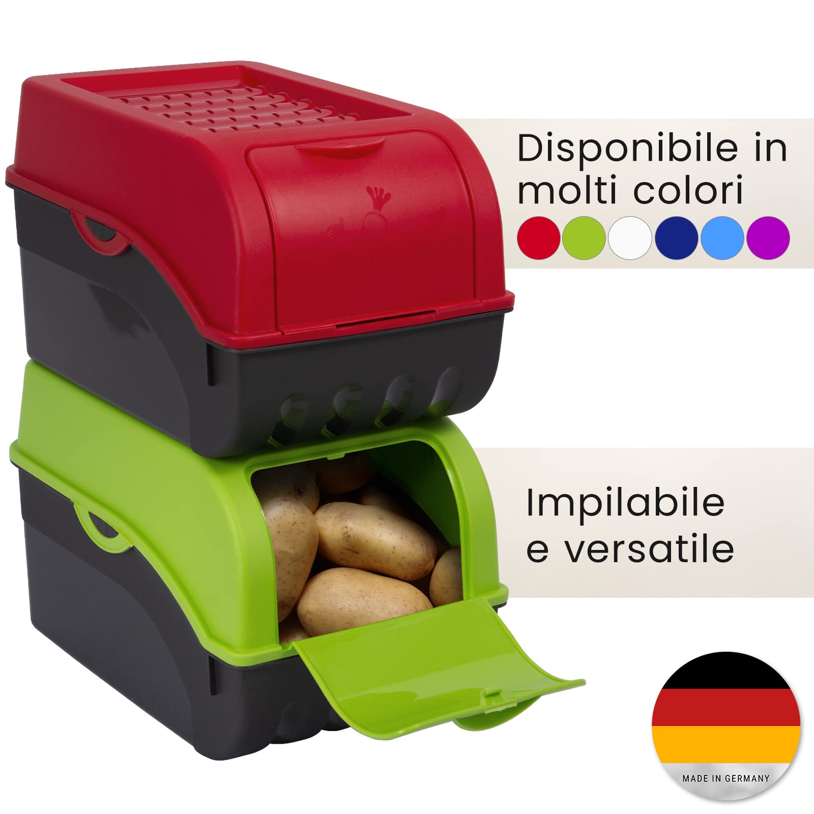 ARTECSIS - Set di 2 contenitori per patate con coperchio, bianchi, per circa 4 kg di patate + 6 adesivi con diverse verdure