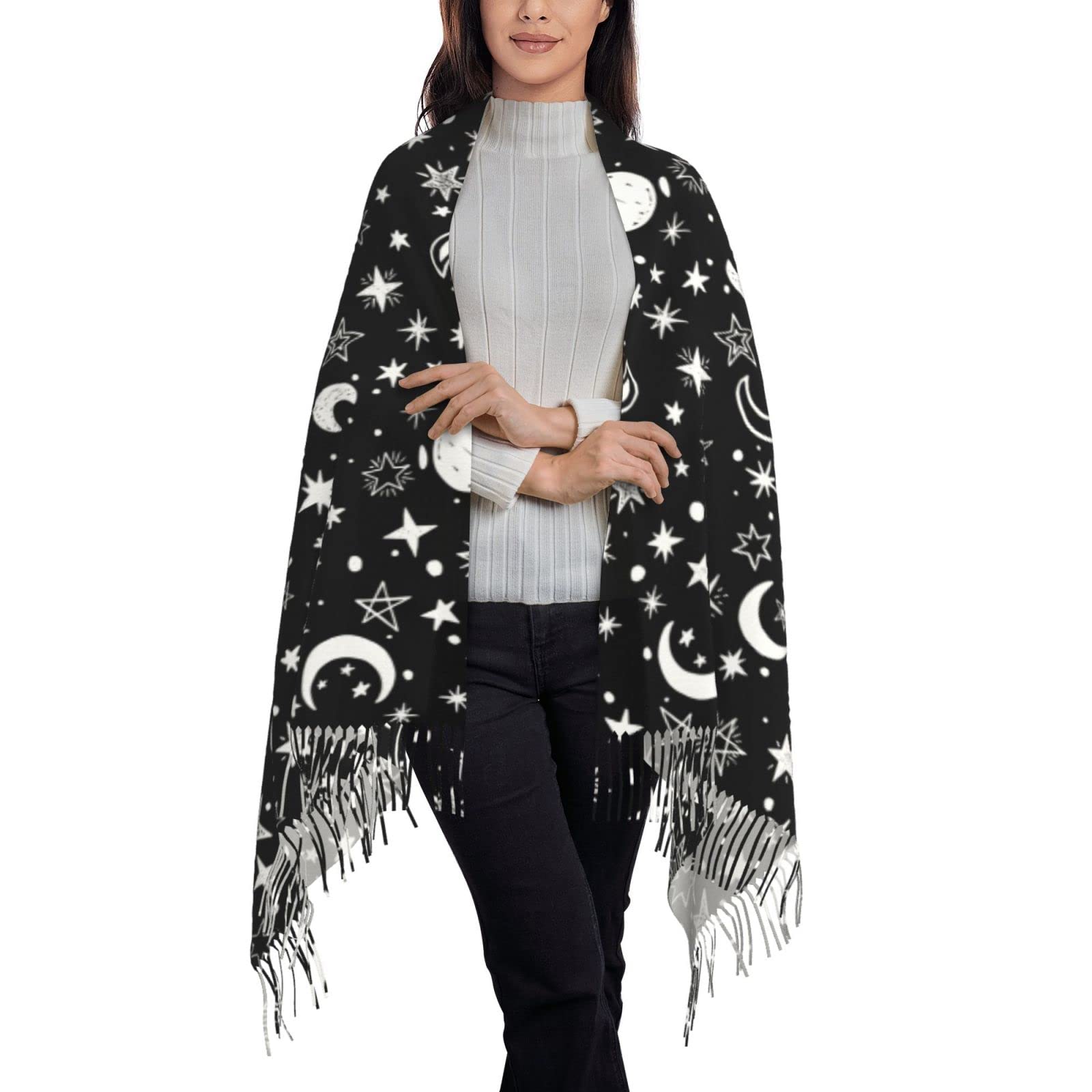 Bagea-KaBlack White Moon and Star Pattern Scarf Long Shawl Wraps Pashmina for Women Girls with Tassels Soft Warm Cozy