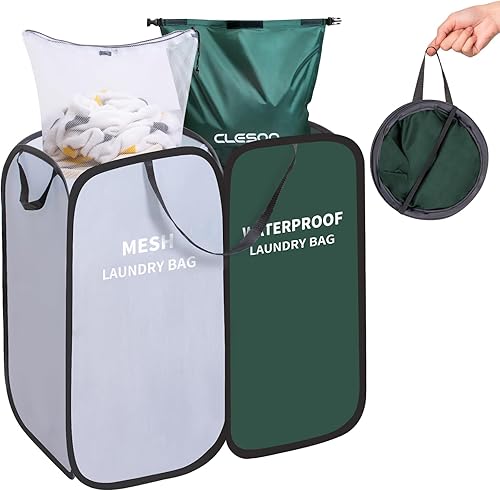 Cesta de lavandería desplegable con bolsa de lavado impermeable y bolsa de malla extraíble, 2 compartimentos plegable, organizador de almacenamiento