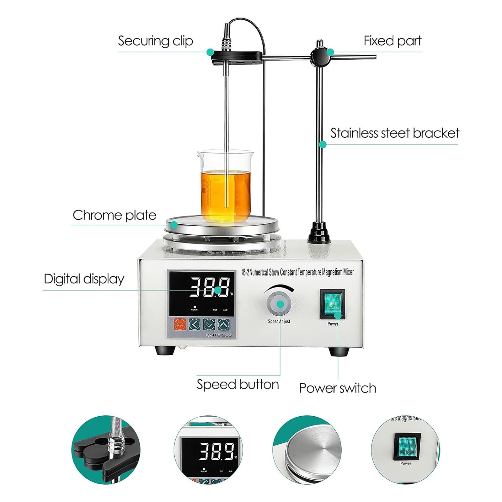 Agitatore magnetico con piastra riscaldante, con display digitale della temperatura e agitatore magnetico della velocità, 200 W - 2000 giri/min, regolazione con piastra riscaldante,agitatore magnetico
