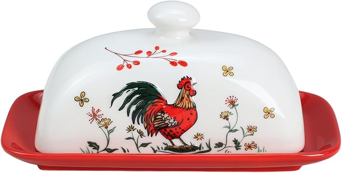 Ceramic Butter Dish with Lid Butter Keeper Butter Plate Tray for Kitchen Countertop Embossed Rooster Pattern Butter Crock Keeper Saver
