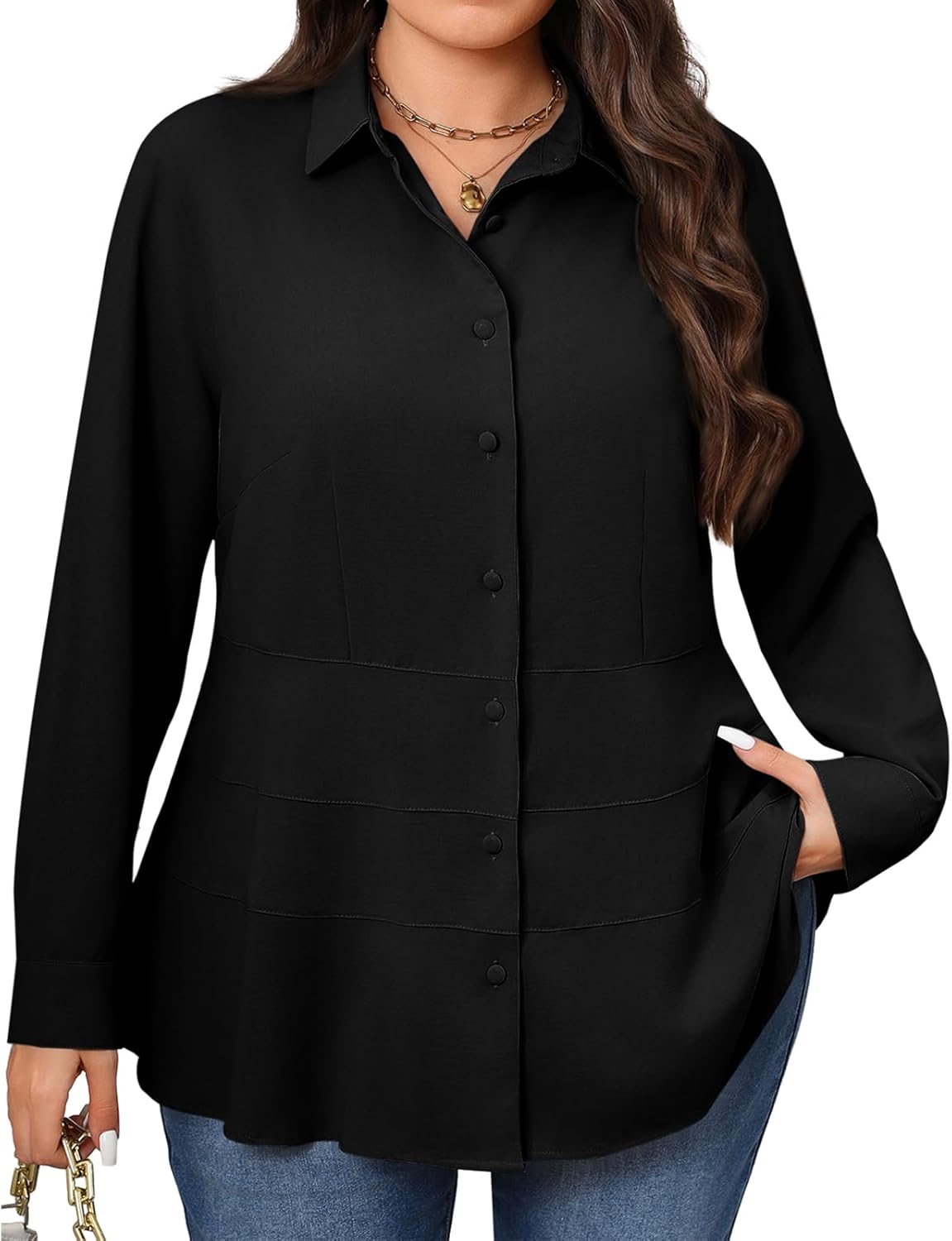 Beautife Women's Plus Size Blouse Dressy Casual Long Sleeve Button Down Shirts V Neck Slimming Peplum Tops