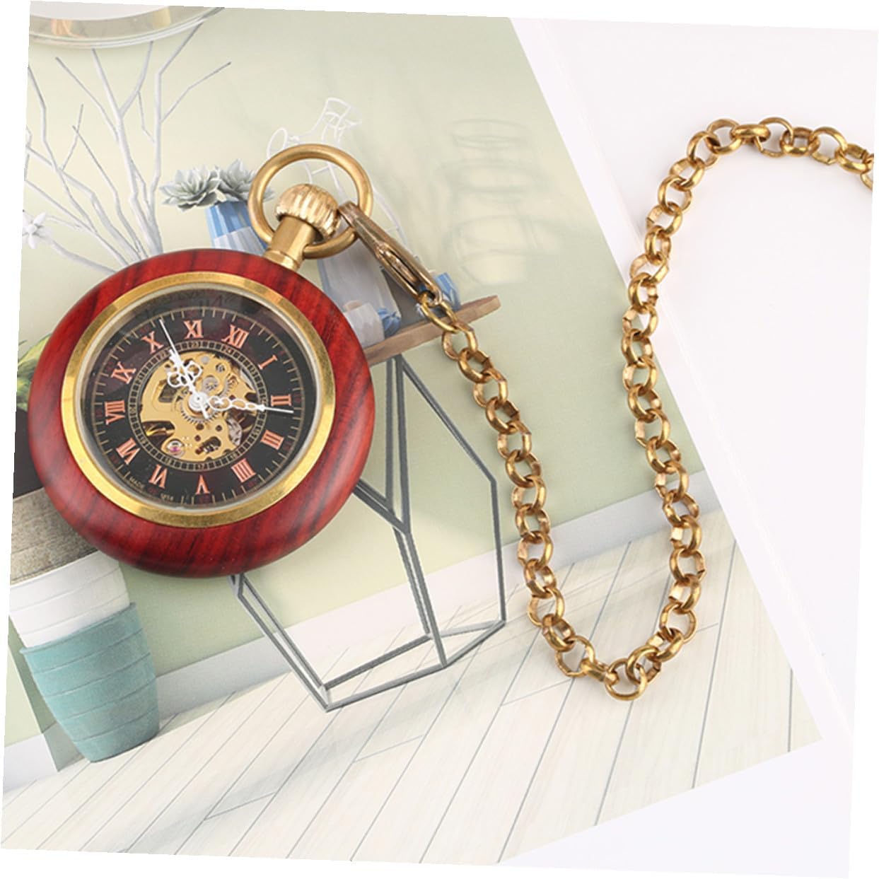 Vintage Mechanical Pocket Watch with Chain, Wood Pattern Roman Numeral Dial, Retro Hanging Pocket Watch for Men, Antique Style Accessory for Daily Wear