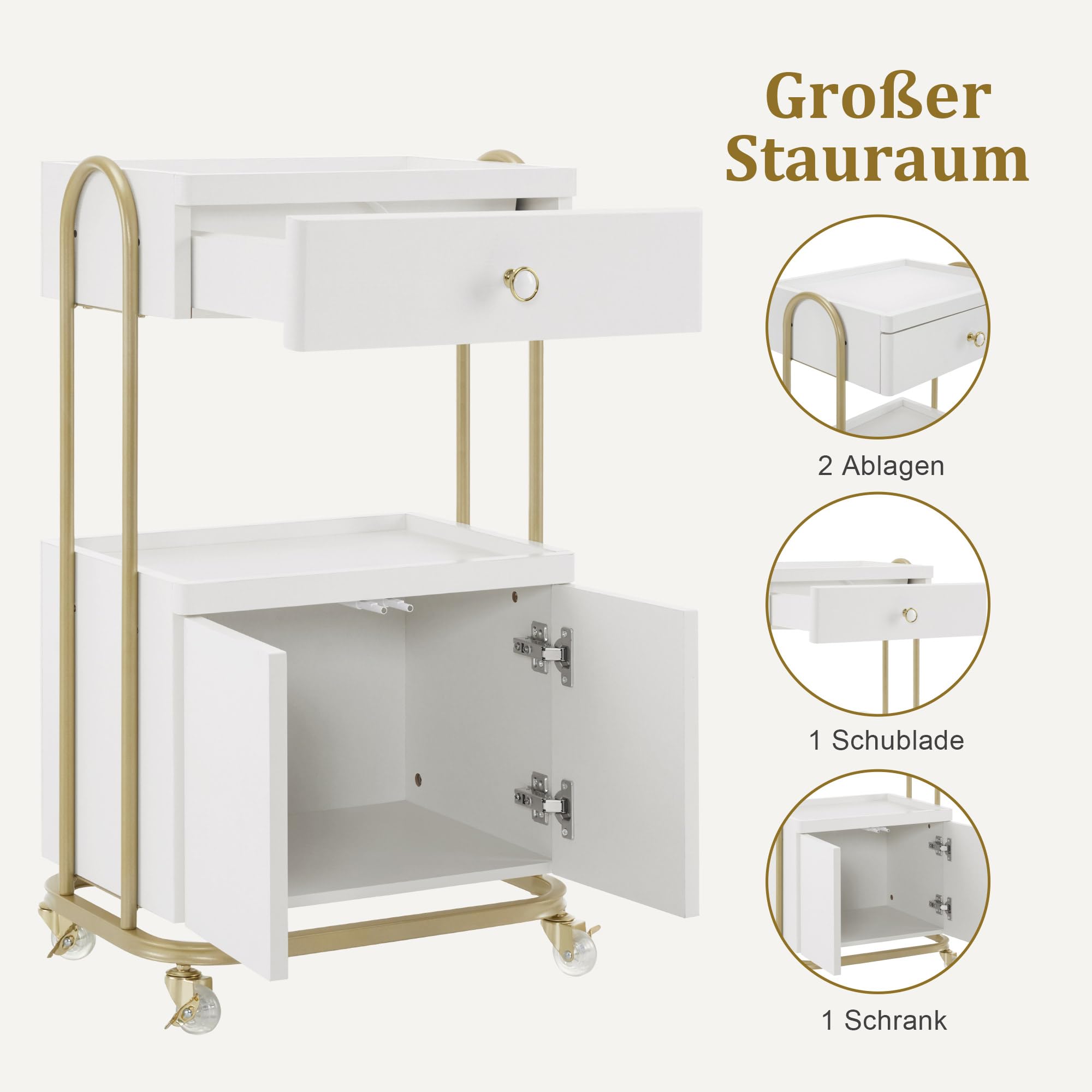 M MCombo Servierwagen mit Rollen & Schublade, Rollwagen Friseurwagen Weiß-Gold, Salon Trolley mit 2 Ablagen und Schrank, Moderner Arbeitswagen für Bad Wohnzimmer, 36x50x87cm, 0086