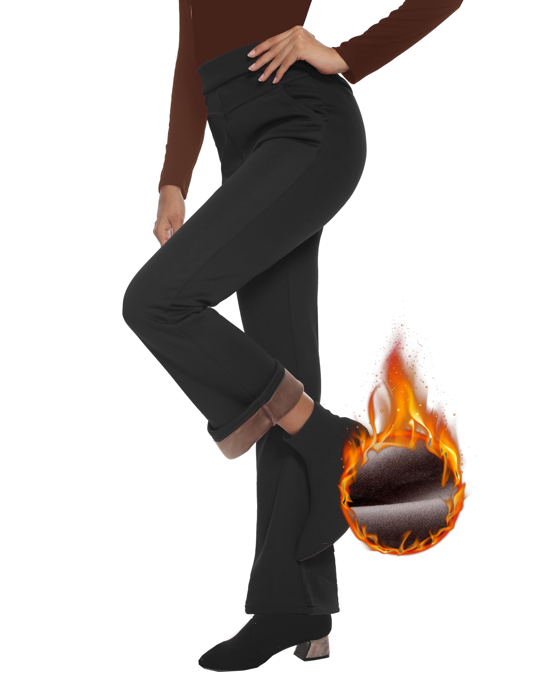 Fakanhui Womens Fleece Lined Bootcut Work Pants Winter Warm High Waisted Pull on Flare Business Dress Casual Pants