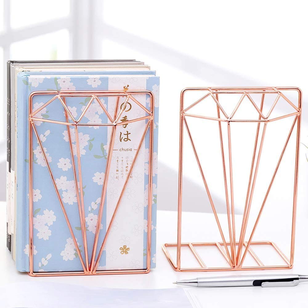 Itoda Rose Gold Bookends Large Capacity Office Book Ends Hollow Nonskid Metal Book Rack Book Stand Heavy Duty Bookshelf Desk Tidy Organiser For Home Office Library School Study Decoration