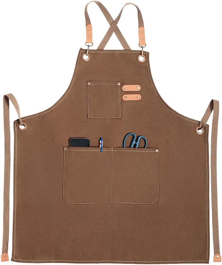 Chef Apron for Women Men with 3 Pockets, Cotton Canvas