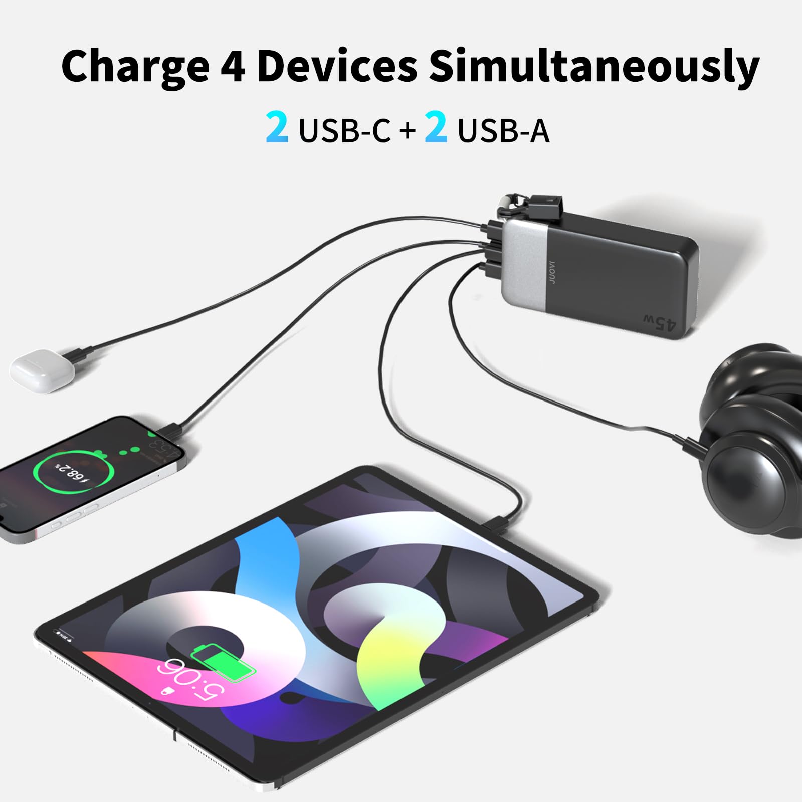 JUOVI Batería Externa Carga Rápida, 45W Power Bank 20000mAh con USB-C Cable | Batería Portátil con Cable Desmontable y Pantalla LED, Cargador Portátil Compatible con iPhone 17 16 Galaxy S26 S25 iPad