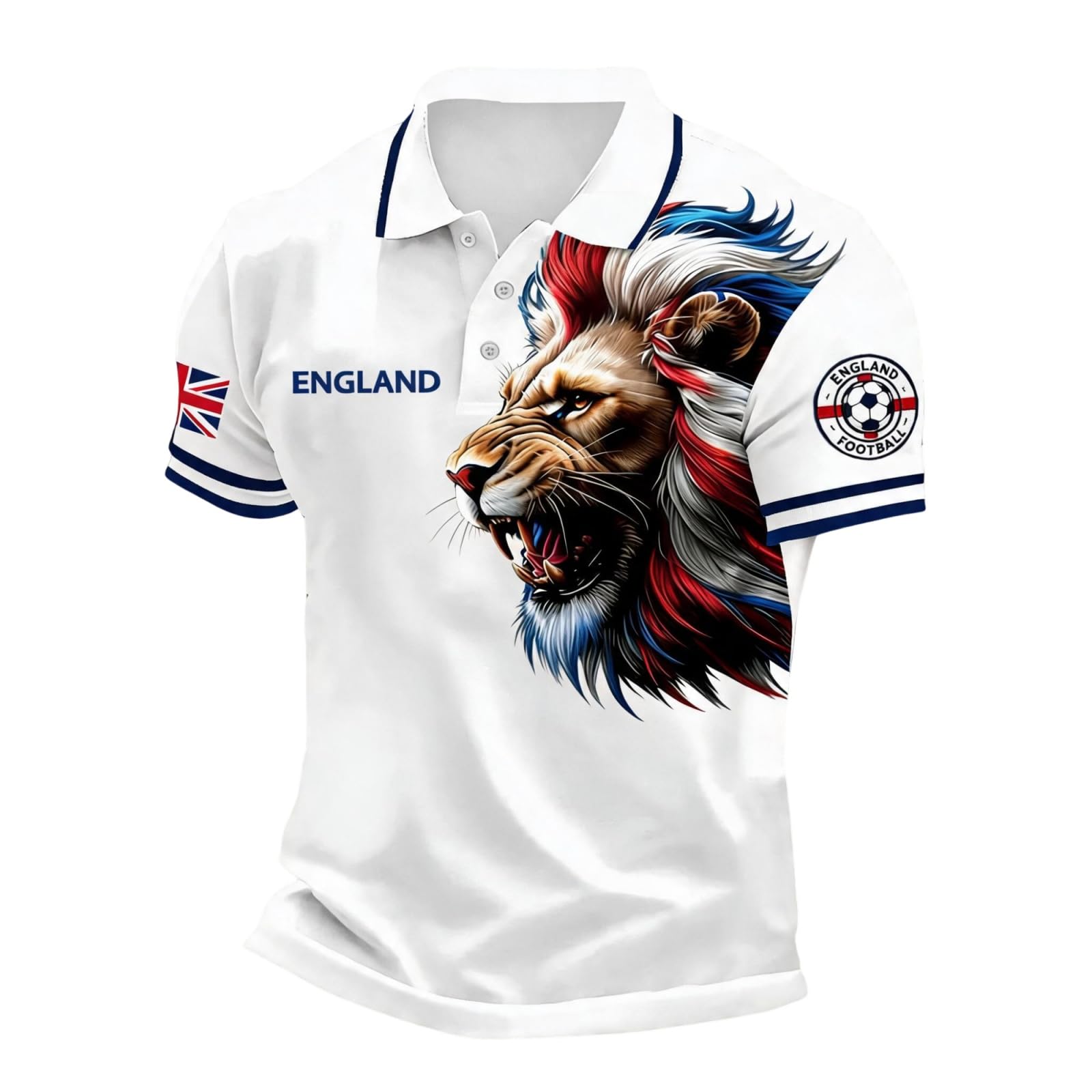 Men’s England Football Shirt 2026 with Lion Print Collared Short Sleeve Polo Shirt for Supporters of Football National Flag Casual Print Button Down Collar Top Outdoor Sports Shirts 2#Sky Blue 3XL