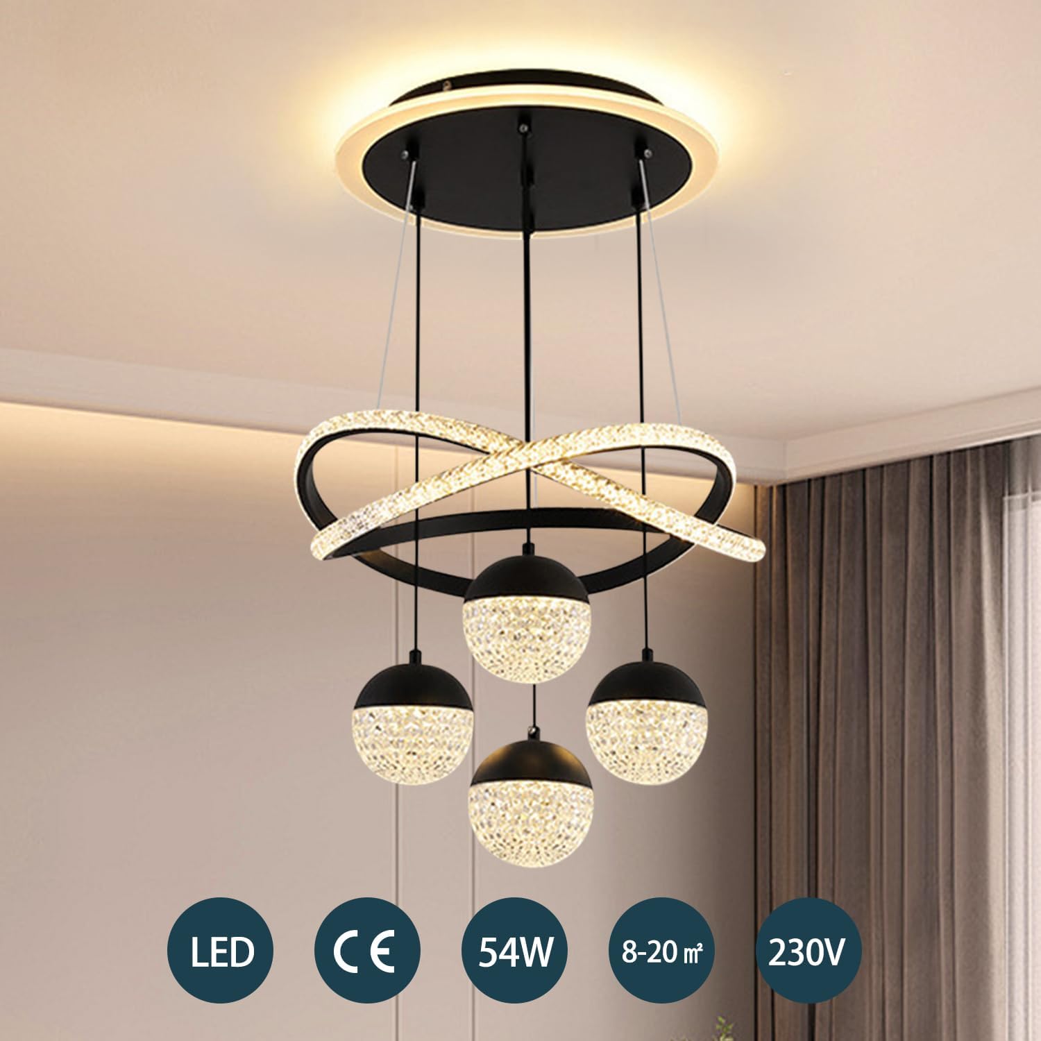 JDONG LED Pendelleuchte Kristall Hängelampe Esstisch 54W LED Hängeleuchte Höhenverstellbar für Esszimmer Wohnzimmer,Dimmbar Hängeleuchte mit Fernbedienung