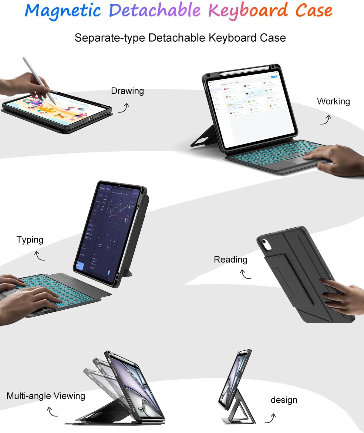 IVEOPPE Keyboard Case for iPad Air 11-inch (M4/M3/M2, 5th/4th Gen) & iPad Pro 11 (1st-4th Gen) - Magnetic Detachable, 7-Color Backlit, Precision Trackpad with Pen Holder, Black