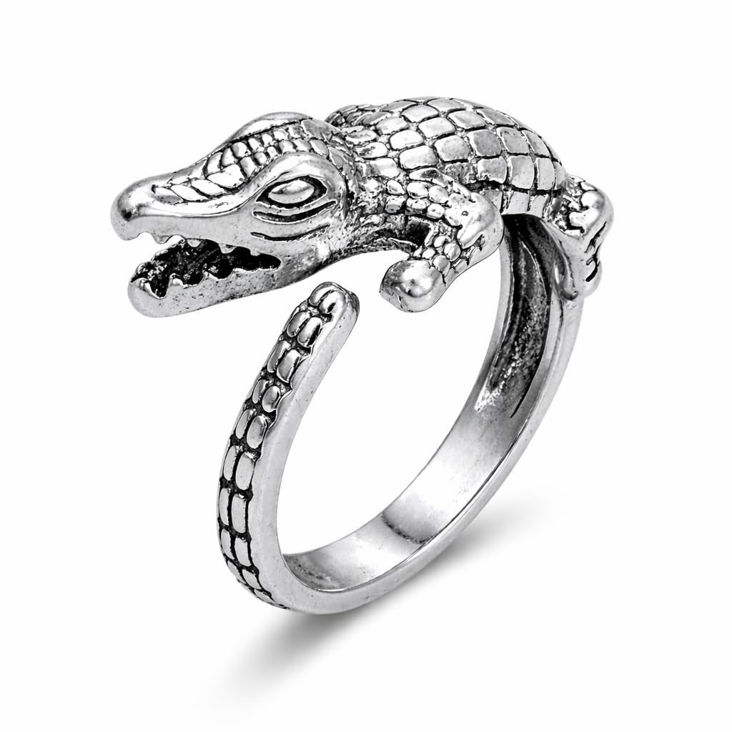Crocodile Design Silver Adjustable Ring for Men & Women, Vintage Animal Statement-image-30