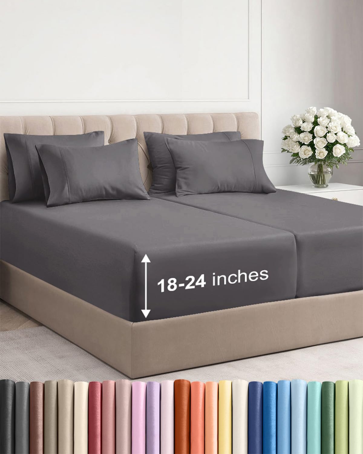CGK Extra Deep Split King Sheet Set - 7pc Cooling Sheets - Dark Grey