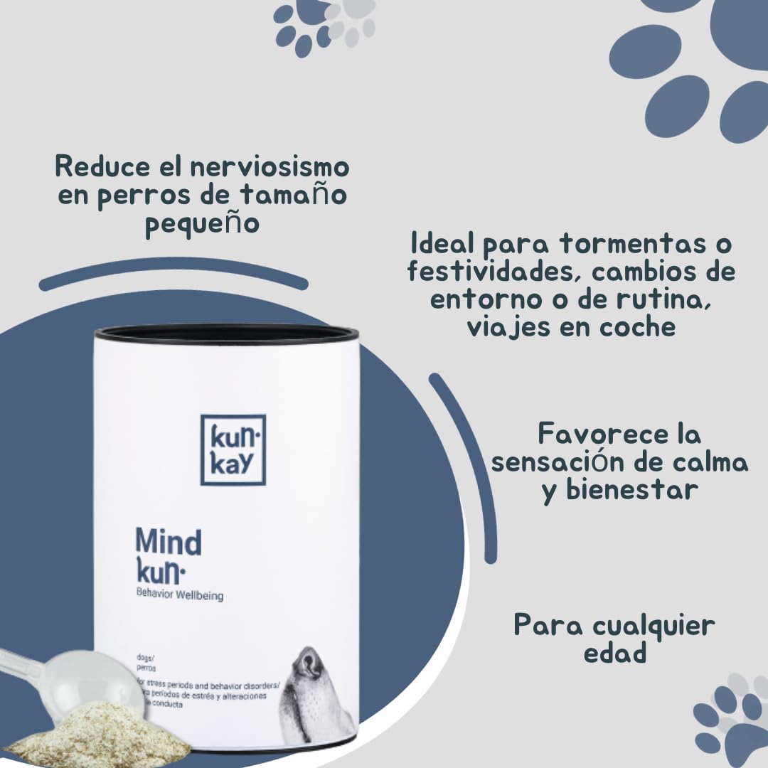 Mindkun - Suplemento Natural en Polvo Calmante para Perros 270 g | Antiestrés, Con Triptófano, Con Vitaminas B, Relajante sin Sedación
