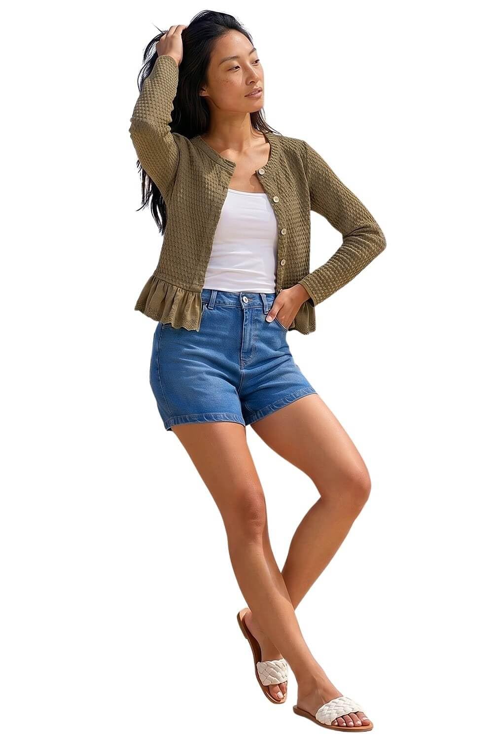 Roman Women's Khaki Petite Broderie Hem Stretch Top In Size 16