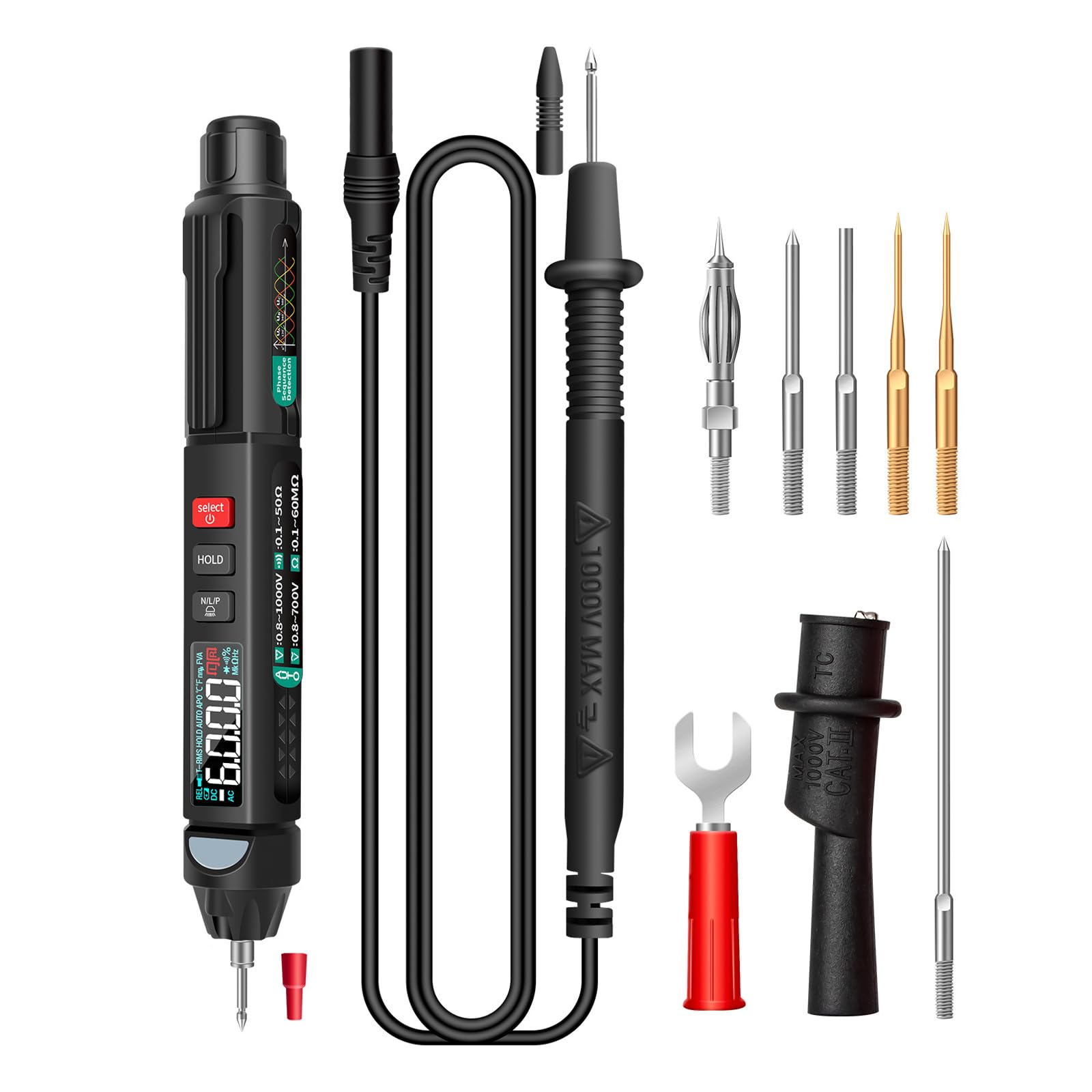 Digitales Multimeter, Sunydog A3008 Multimeter mit Stift, digitales Multimeter, 6000 Counts mit LCD-Display, Hintergrundbeleuchtung, NCV-Taschenlampe, automatische Abschaltung, Mehrfachzubehör für