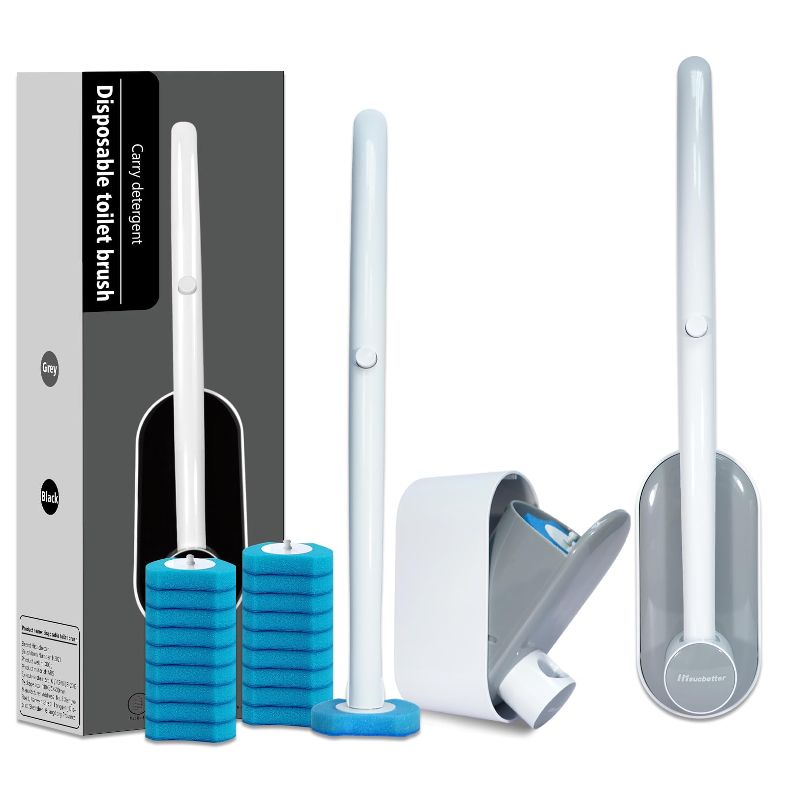 Hisucbetter 2Pack Disposable Toilet Brush and Holder with 16 Toilet Bowl Wand Refills Loaded Scrubbing Solution for Toilet Cleaning, Bathroom Cleaning Supplies Set, Grey(2-Pack)