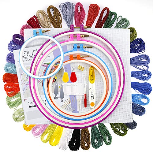 Caydo Full Range of Embroidery Starter Kit Including an Instructions, Plastic Embroidery Hoops, Threads, Classic Reserve Aida and Tools Kit for Beginners
