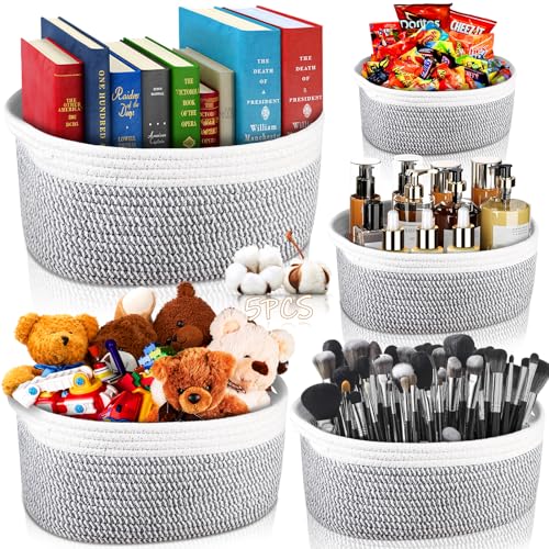 POWZOO 5er Set Dekorativer Aufbewahrungskorb,Korb Geflochten,K&ouml;rbe Aufbewahrung Baumwollseil,stapelbare multifunktionelle Organizer K&ouml;rbe,f&uuml;r Kinderzimmer Wickeltisch Wohnzimmer Bad(Wei&szlig; und Grau)
