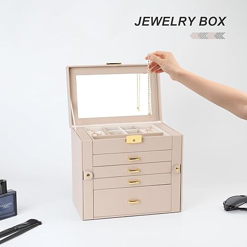 Miniatura 5 de V-LAFUYLIFE Joyero para mujer organizador de joyas de 3 capas con tapa de cristal 2 cajones cajas de joyería de almacenamiento de anillos aretes