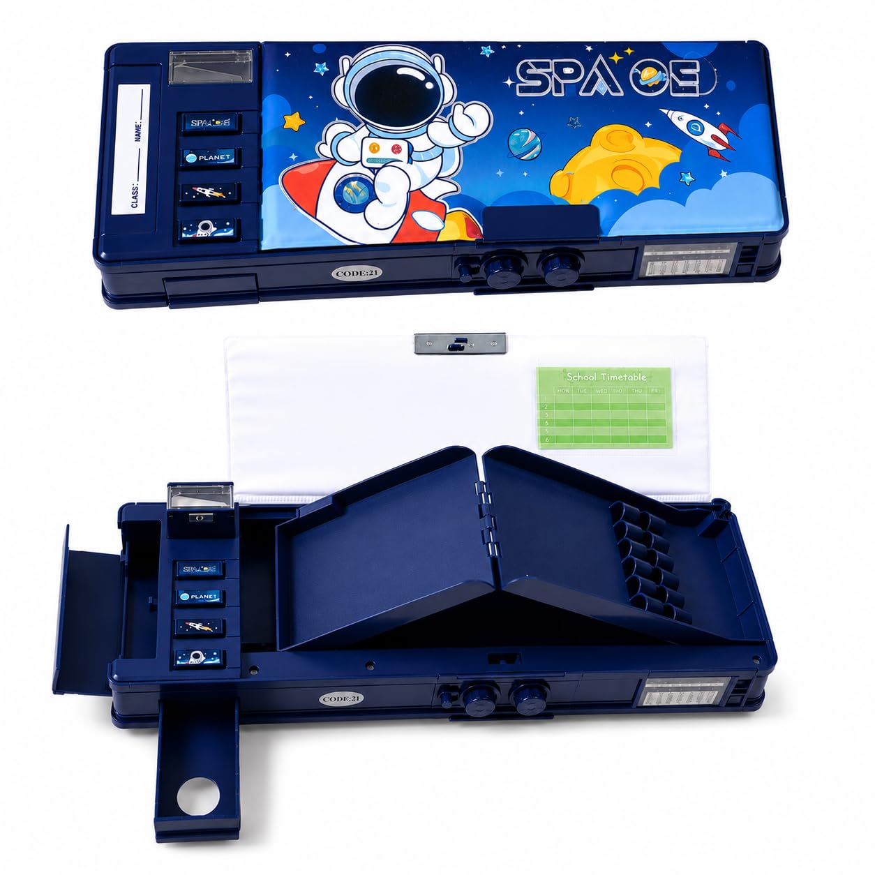 Parshya Astronaut Laser Space Pencil Box with 2-Digit Password Lock for Boys; Multi-Functional Jumbo Compass Box with Pop-up Sharpener, Dual Side Compartments & Built-in Calendar-image-32