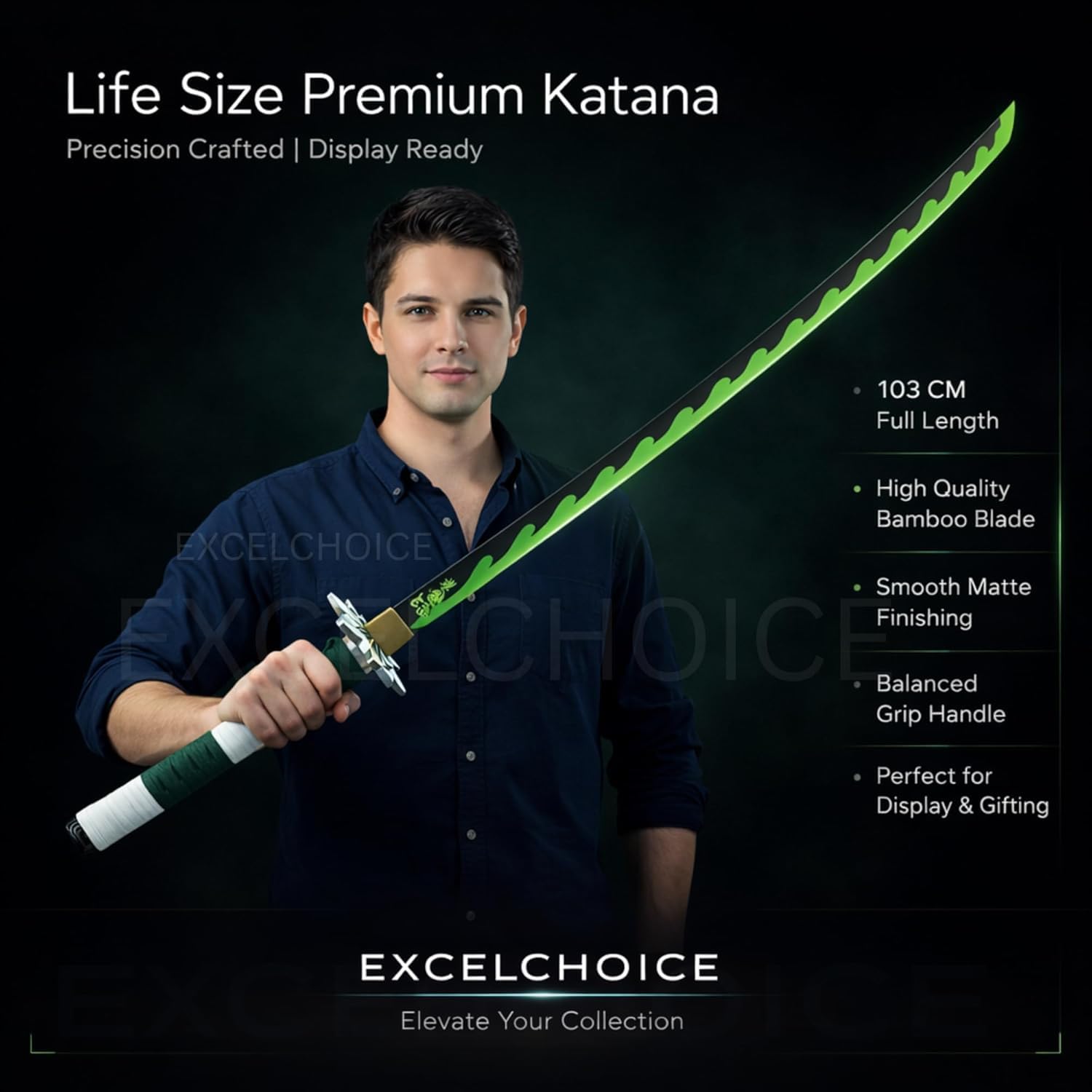 Wooden Sword/Katana Toy Life Size Nichirin 104CM Bamboo Wood Sanemi Katana Toy 4
