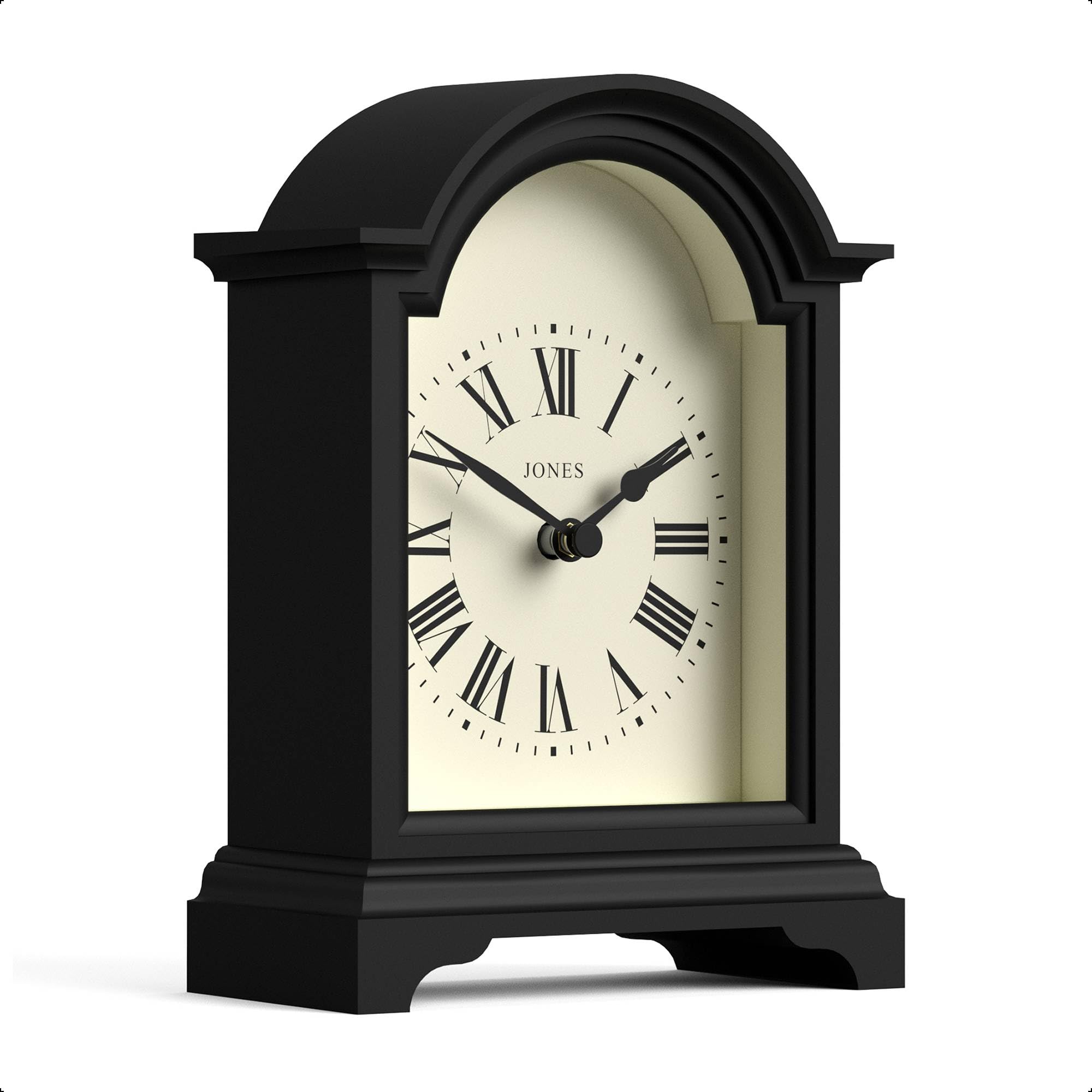 JONES CLOCKS® Bistro Kaminsimsuhr | Kleines klassisches wagenuhr-Design mit bogendecke | Schwarz | Zeitgenössischer klassischer Stil für kaminsims, Schreibtisch, Tisch, Regal und nachttisch