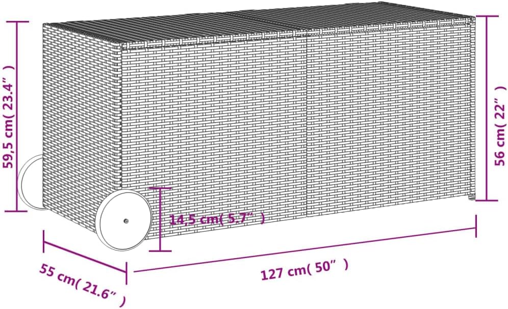 Diagram showing the dimensions of the storage box: 50 inches length, 21.7 inches width, 22 inches height