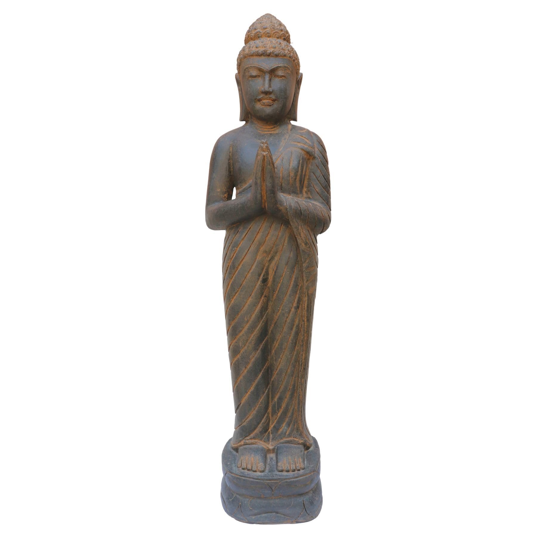 Statue de Bouddha debout 125 cm marron patiné vieilli en pierre de lave