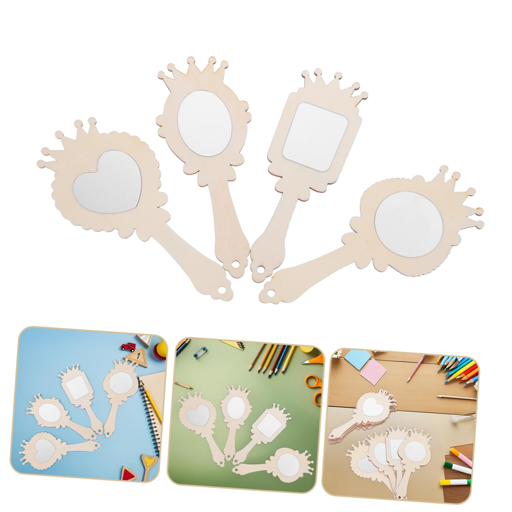 FUNNETOYU 12 Espejos de Madera para Manualidades, Espejo de Mano con Diseño de Tiara, Base sin Terminar para Pintar, Adecuado para Niñas y Fiestas