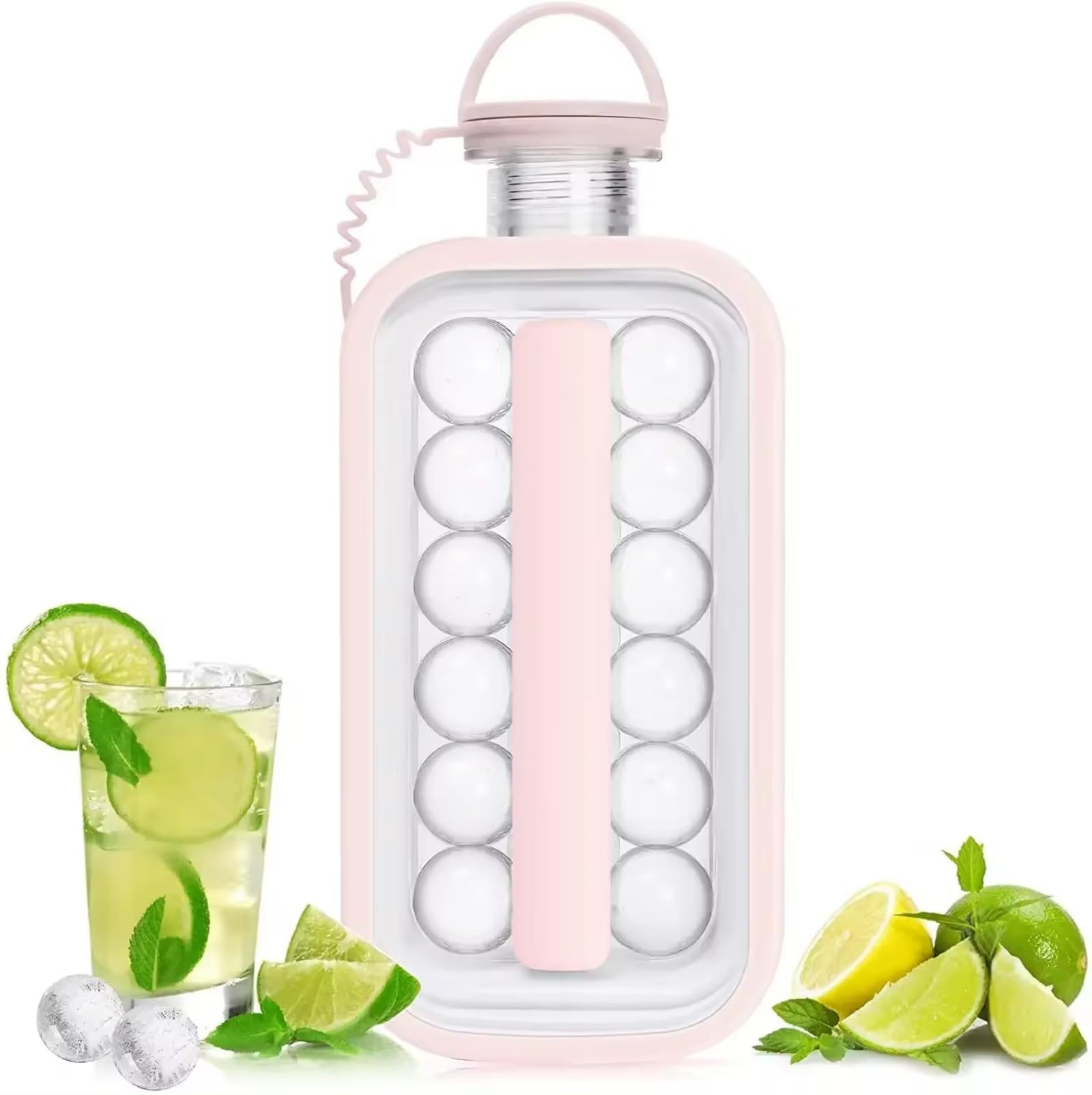 2-in-1 Ice Ball Maker Portable - Leakproof, Silicone Ice Cube Tray, Assorted Colors, 17 Grids, Perfect for Cocktails, Coffee, Whiskey, Champagne, Beer, Juice, and Cold Drinks (Pink)