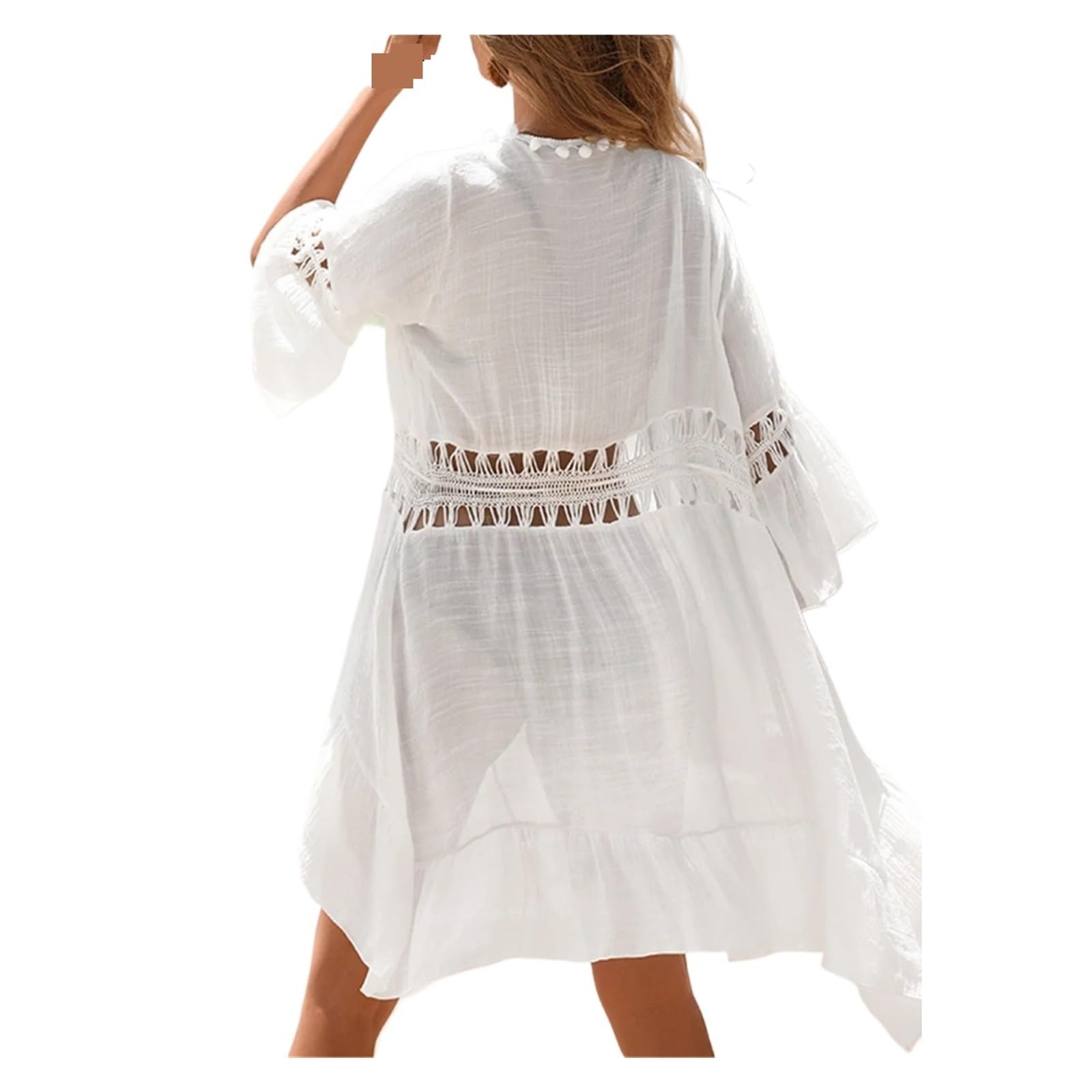 Robe de Plage en Crochet Col en V Demi Manches épissage Crochet tricoté Tunique Plage Cache-up Robe de vêtements Femmes