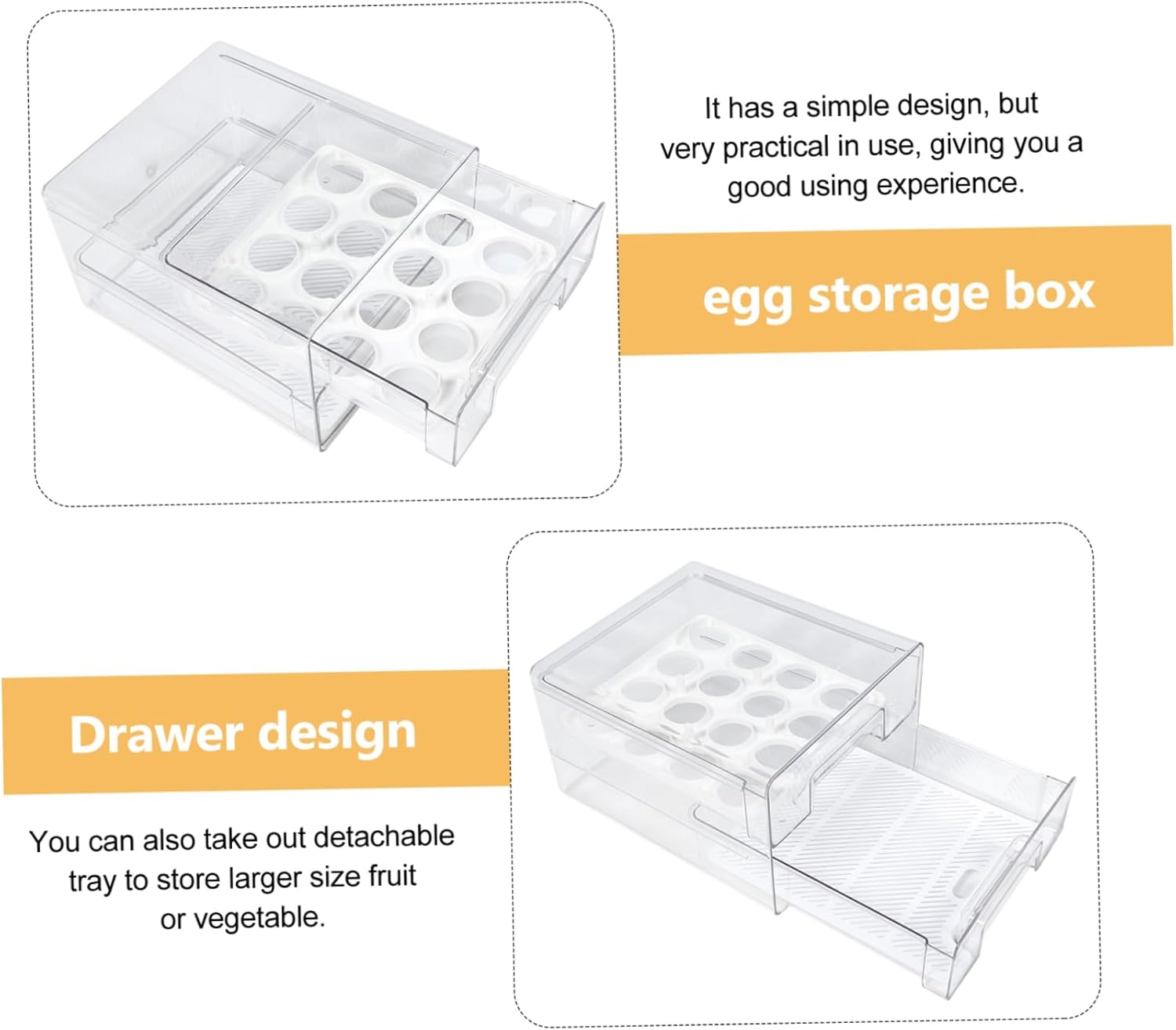 Double Egg Holder for Refrigerator Stackable Egg Tray with Compartments Transparent Pullout Design for Kitchen Storage and Organization Includes Detachable Tray
