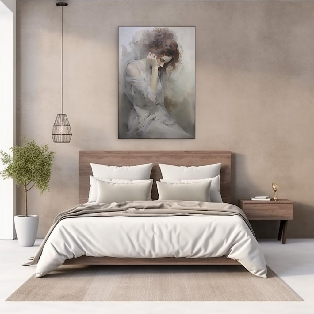Canvas for Living Room. Contemplative Elegance: A Redheaded Woman's Daydream in Monochrome, 27 x 18 inch Canvas Wall Art - Ready to Hang