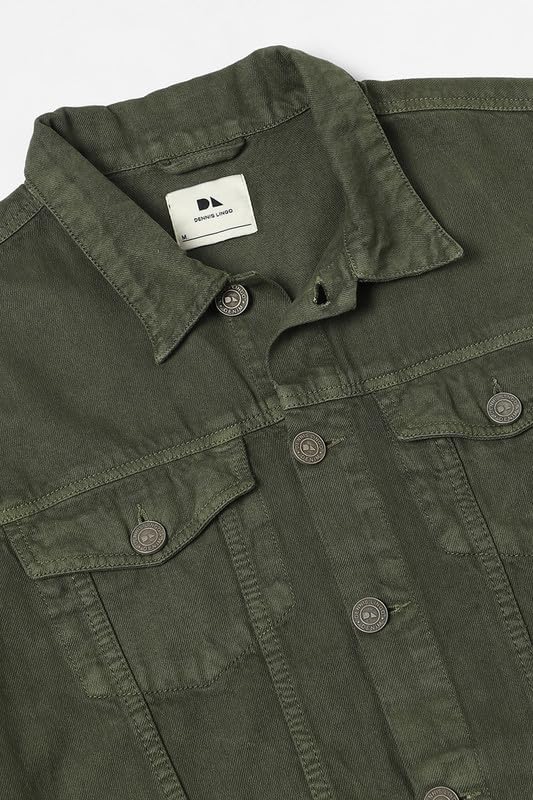 Image of DENNIS LINGO Men's Olive Washed Cotton Denim Jacket, Regular Fit Long Sleeves Regular Collar