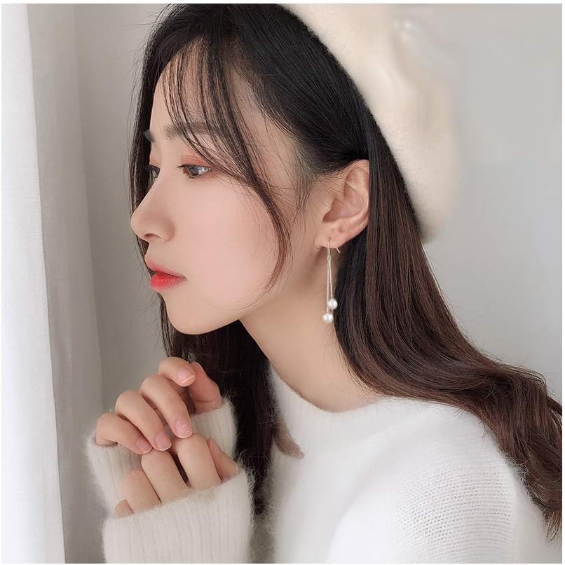 Sterling Silver Freshwater Pearl Threader Dangle Drop Earrings Threader Tassel Dangling Charm Hoop Earrings Long Chain Hook Earring Fashion Jewelry Gifts for Women - Image 2