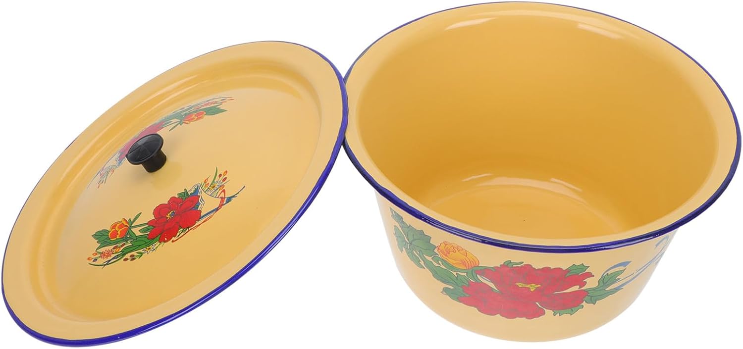 SHINEOFI Vintage Enamelware Oil Bowl with Lid 1.4l 19.5cm Antique Lard Pot Retro Floral Pattern Enamel Mixing Serving Bowl for Kitchen and Dining
