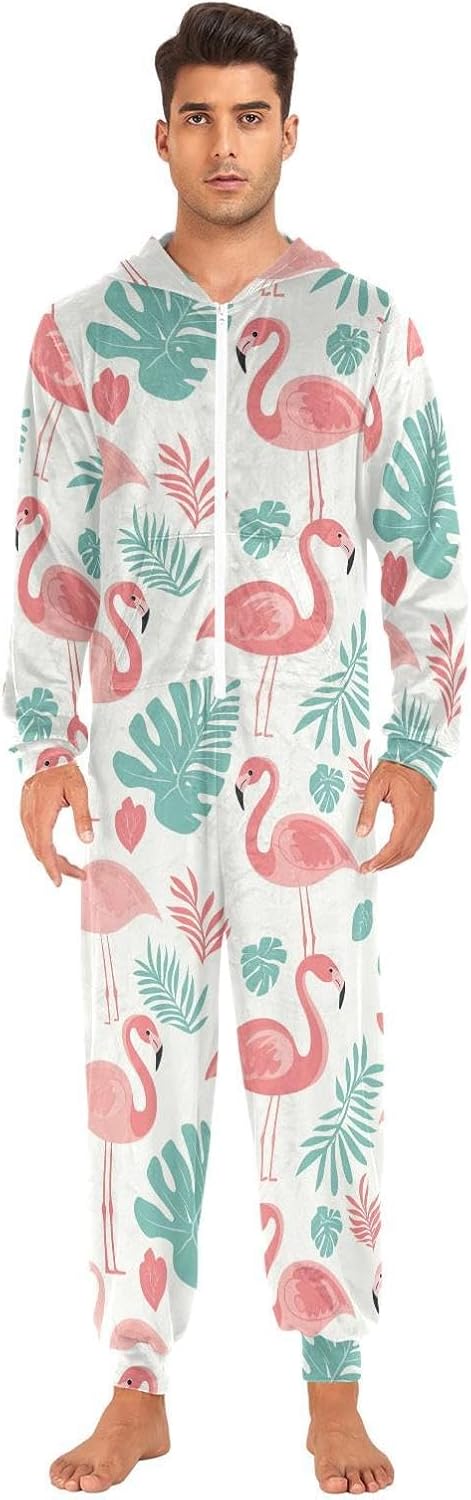ZZKKO Pink Flamingo Palm Leaf Adult Onesie Pajamas for Women Men Cozy One Piece Pajamas Costume Zip-Up Hooded S-XL