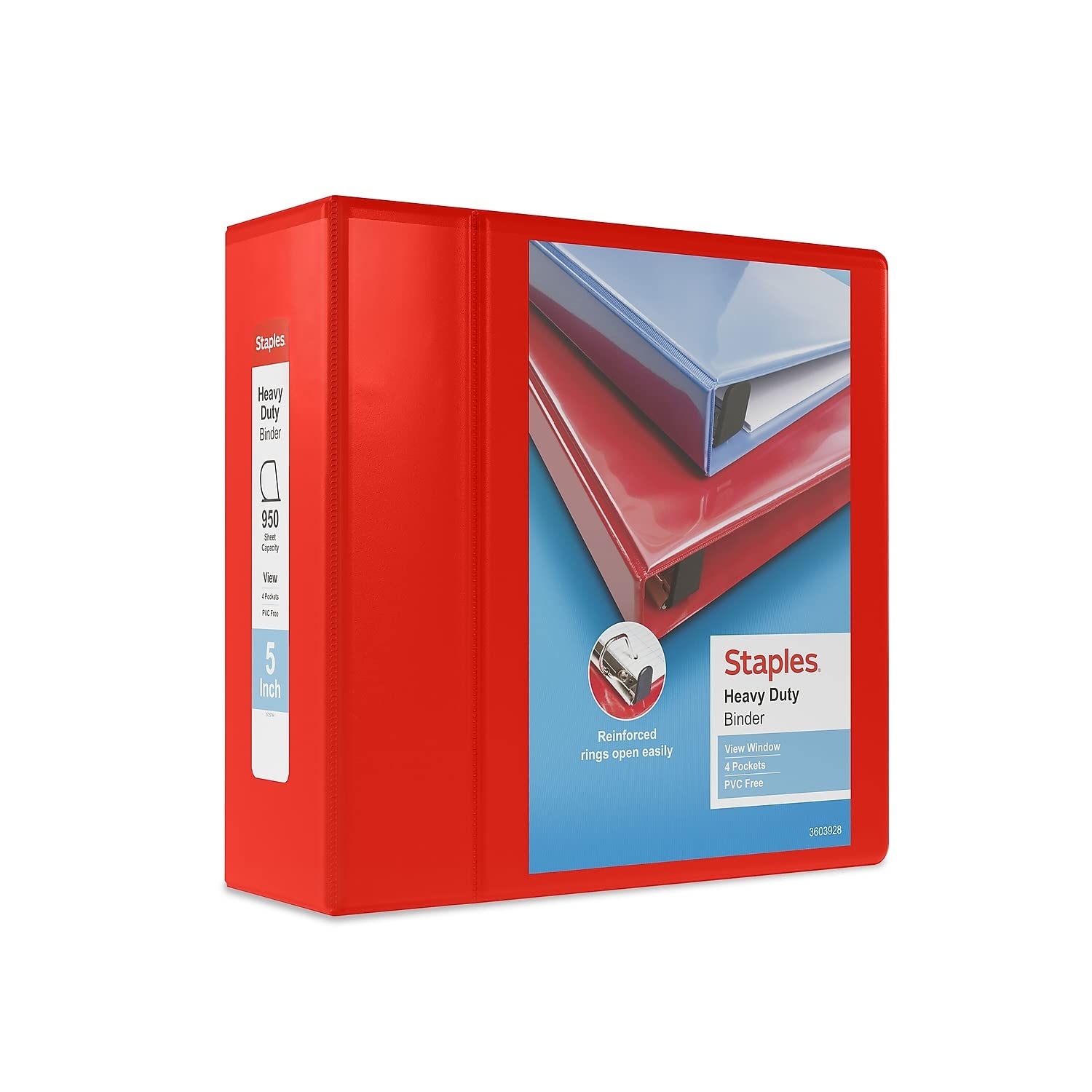 Staples Heavy-Duty 5-Inch D-Ring View Binder Red 1000 Sheets | Extra-large capacity for office archiving and bulk document storage. product thumbnail 2