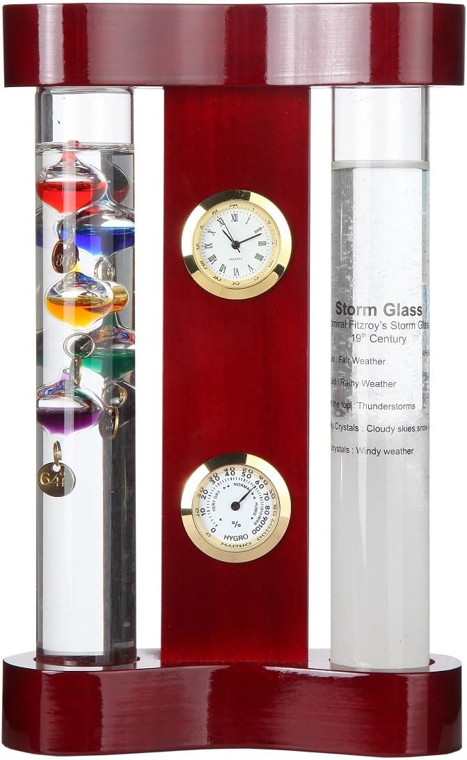 LilysHome Galileo Weather Station with Galileo Thermometer, Admiral Fitzroy Storm Glass, a Precision Quartz Clock and Hygrometer
