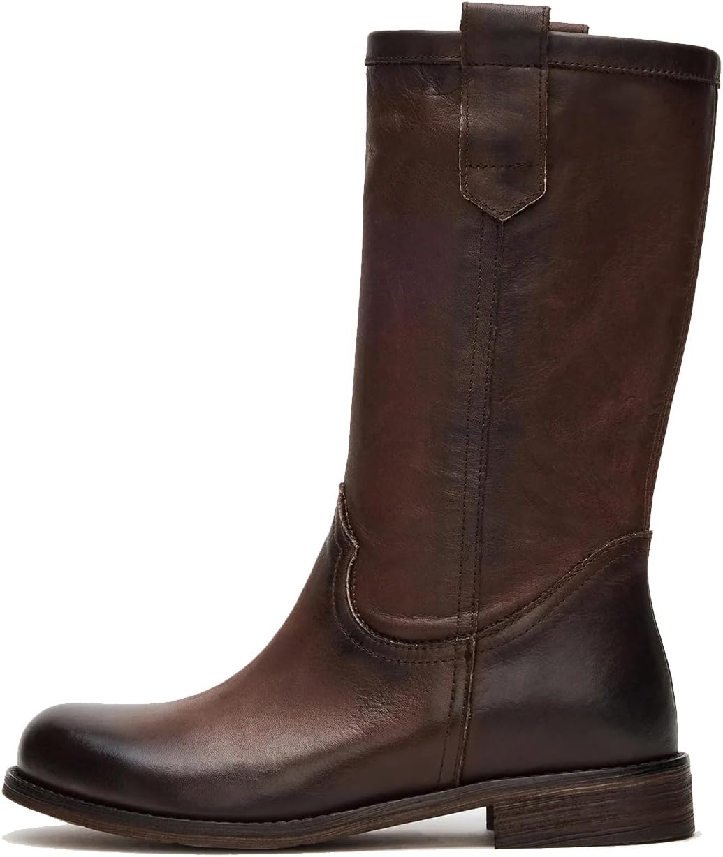 Mid Calf Boots for Women Chunky Block Heel Pull On Boots Round Toe Low Heel Trendy Stylish Riding Boots