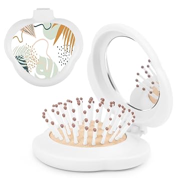 Travel Hair Brush with Small Mirror, Mini Portable Pocket Hair Brush, Heart Shape Design Foldable, Can be used for Purse, Womens Travel Small Comb Autumn Leaves