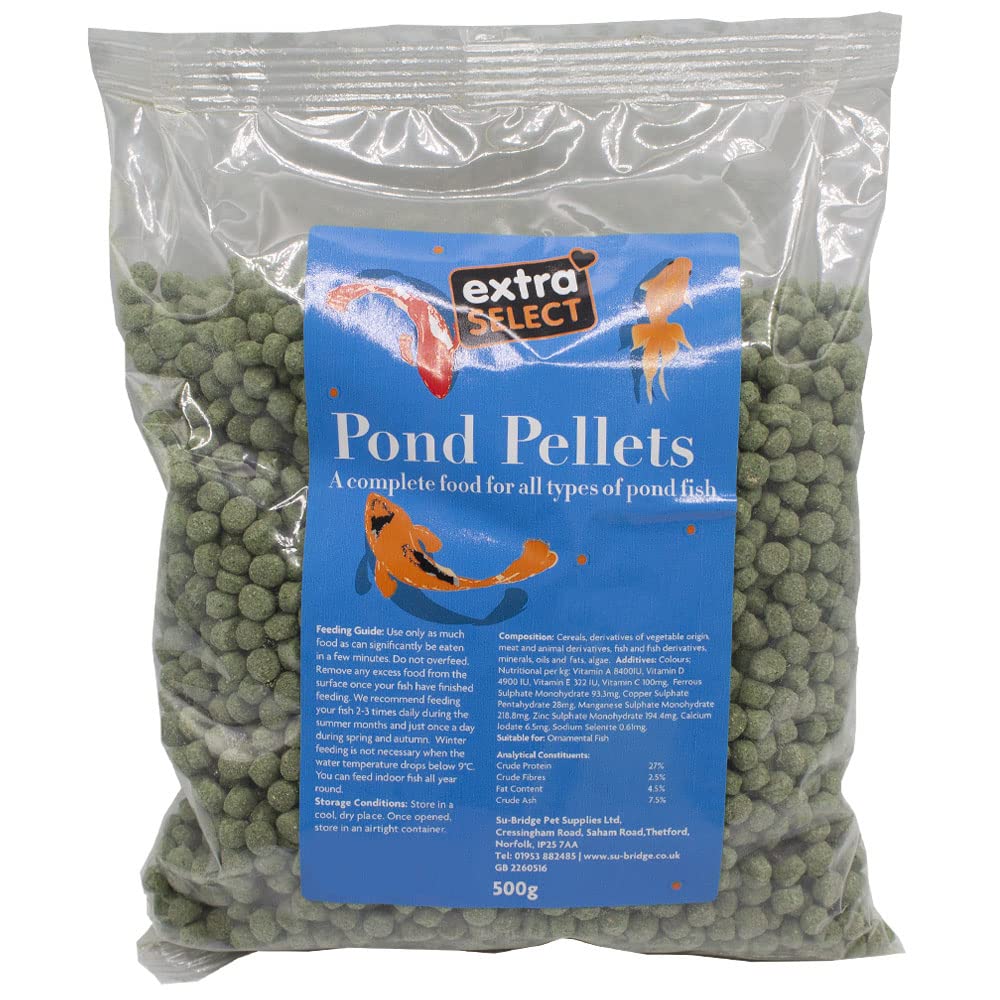 Extra Select Fish Food Pellets with Spirulina 500g, Balanced Nutritional for Outdoor Koi Pond & Aquarium Fish Food for Goldfish