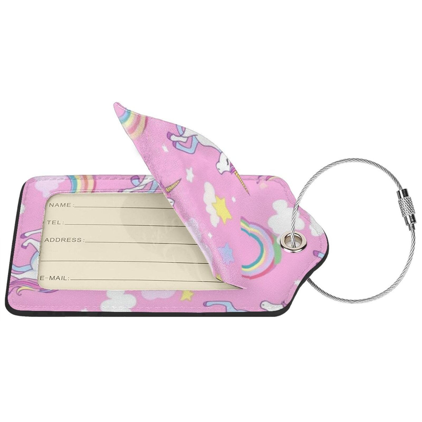 4 etichette per bagagli in pelle PU per valigie, con unicorno, arcobaleno, rosa, con anello in acciaio inossidabile, etichetta identificativa per la privacy, per donne e uomini